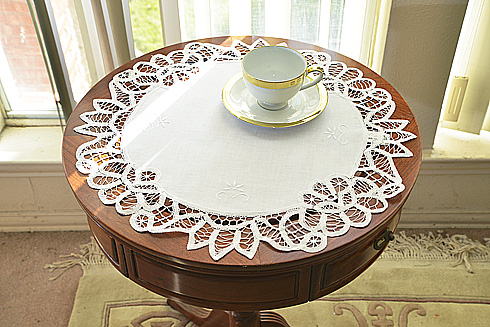 White Princess Battenburg Lace 18" Round Table Topper. (2 pieces